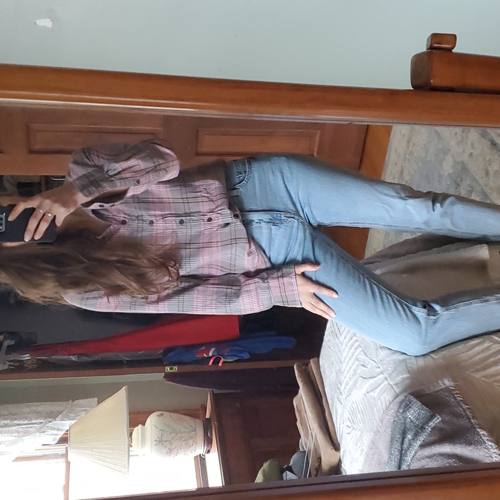 J Crew Soft Pink & Brown Plaid Button Up Top - Picture 3 of 6